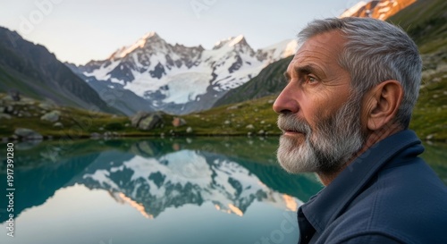 Senior caucasian man with gray beard contemplating mountain lake reflection at golden hour sunset in alpine wilderness landscape