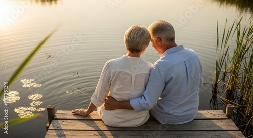 Senior couple sitting on wooden dock by lake at sunset watching dragonflies and water lilies in peaceful retirement moment