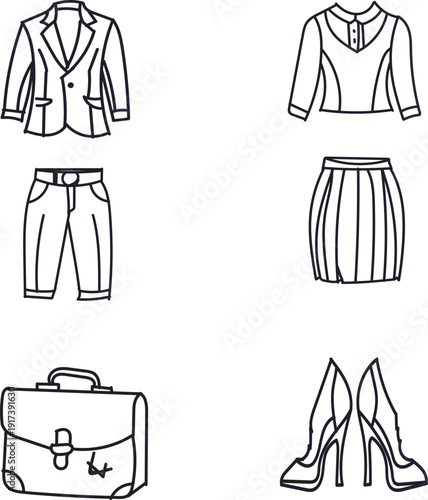 Fashion icon set, black and white, clothing, accessories, shoes, jewelry, perfume, sewing, vector, isolated, apparel style bundle.