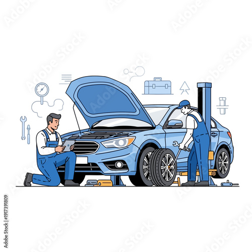 Car mechanics repairing a blue car on a lift, auto service, workshop scene