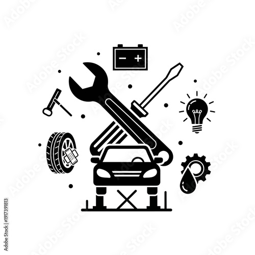 Car Repair and Maintenance Icons: Auto Service, Tools, Battery, Tire, Lightbulb