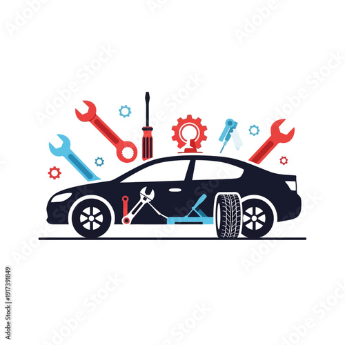 Car Repair Service: Mechanic Tools, Wrench, Screwdriver, Gear, Car Parts, Auto Service