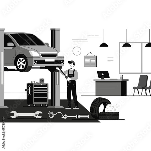 Car repair service: mechanic working on lifted vehicle in garage with tools and equipment