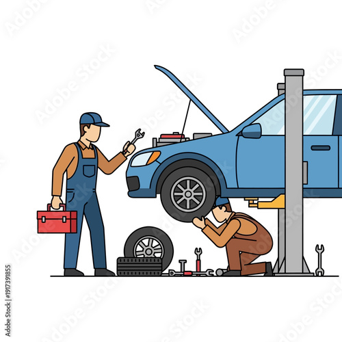 Car repair service: mechanics fixing a car on a lift with tools and spare tire
