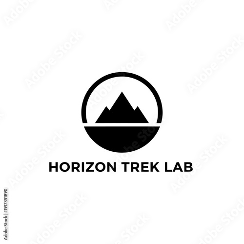 Simple black circle logo with mountain peaks and text underneath on a white background