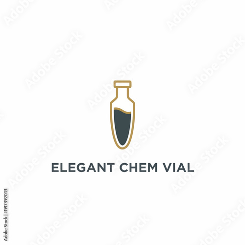 Minimalist illustration of a tall, slender chemist vial with dark liquid, outlined in brown