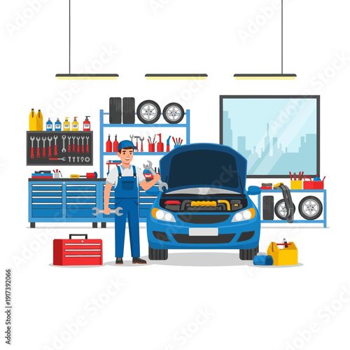 Auto Mechanic Working on Blue Car Engine in Garage Workshop