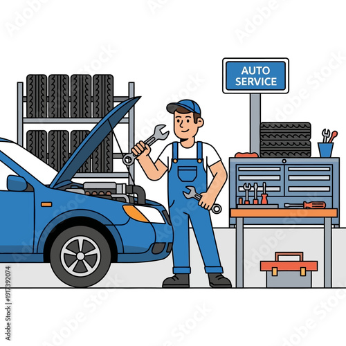 Auto Mechanic Working on Blue Car Engine in Service Station