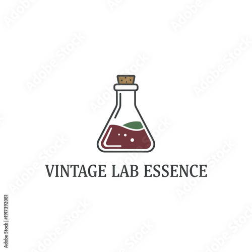 Vintage-style conical flask with burgundy liquid, cork stopper, and green leaf, logo text below