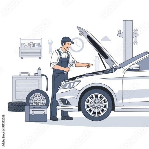 Auto mechanic repairing car engine in garage with tools and equipment
