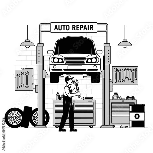 Auto Mechanic Working on Car Lift in Repair Shop