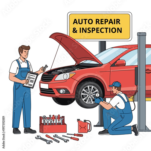 Auto Repair & Inspection: Mechanics Working on a Car in a Garage