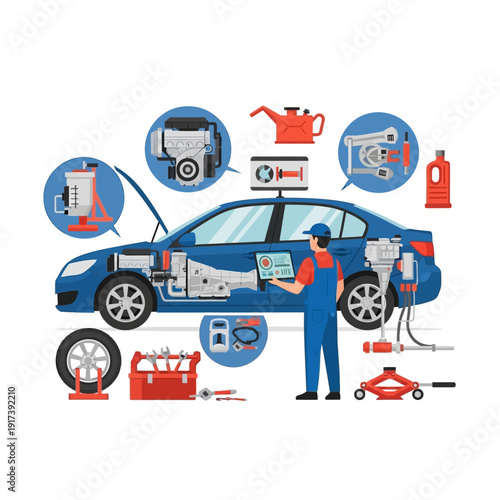 Car Mechanic Inspecting Engine and Transmission with Tools and Equipment