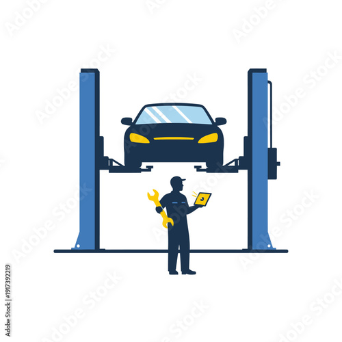 Car mechanic inspecting vehicle on lift with tablet and wrench in auto repair shop