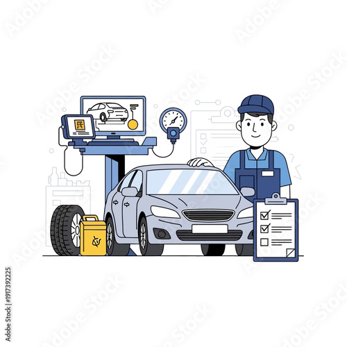 Car mechanic inspecting vehicle with diagnostic equipment at auto repair shop