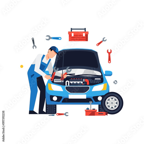 Car Mechanic Repairing Engine with Tools, Auto Service, Maintenance, Workshop