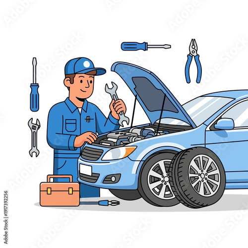 Car Mechanic Working on Engine Under Hood with Tools and Blue Car