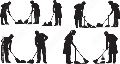 Silhouettes of people cleaning with brooms and dustpans outside