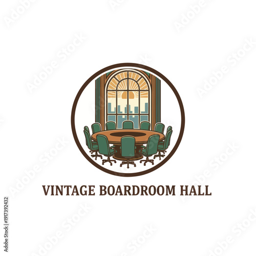 Vintage boardroom with a large oval table, green chairs, tall arched window, city skyline view, warm lighting