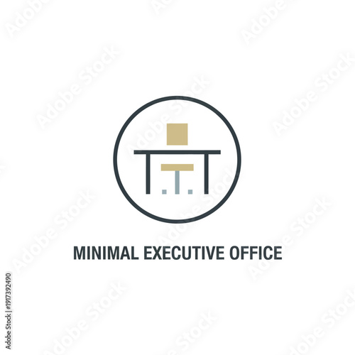 Abstract minimal representation of an executive office with a chair, desk, and simple geometric shapes enclosed in a circular outline