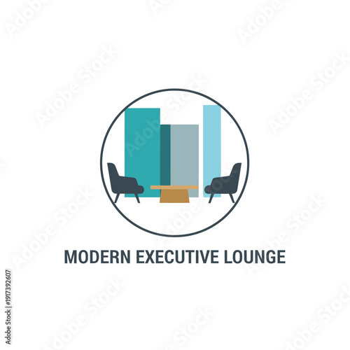 Modern peaceful executive lounge with two chairs, a table, and a city view through tall glass windows