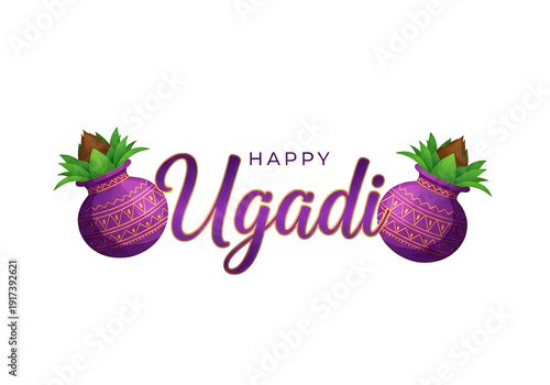 Happy Ugadi festive greeting with decorative purple pots and text