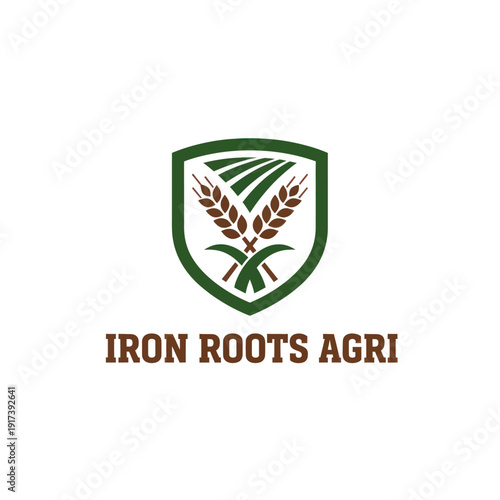 Shield with crossed wheat stalks, green field, and bold text in brown and green, symbolizing agriculture