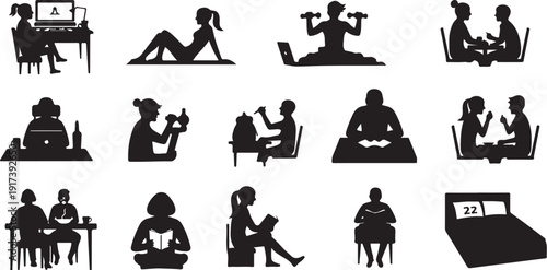 Silhouette icons of people in various daily life activities
