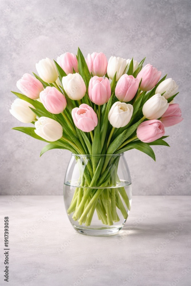 Obraz premium Pink and white tulips in glass vase with water on bright surface, elegant spring bouquet with soft daylight