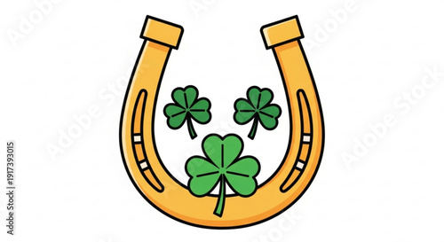 Golden horseshoe with three green clover leaves on white background symbolizing good luck and fortune