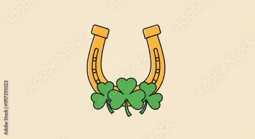 Golden horseshoe with four leaf clover on beige background symbolizing good luck and fortune