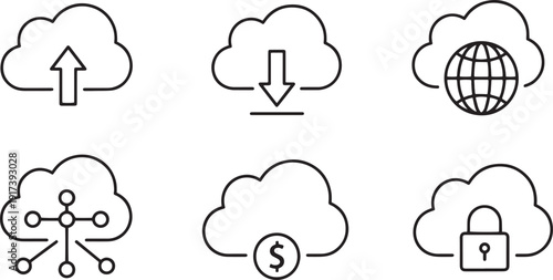 A set of vector line art cloud icons with various symbols in a bundle silhouette style