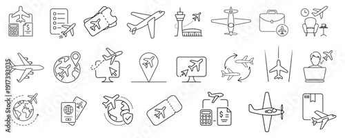 Set of 24 outline icons related to plane. Linear icon collection. Editable stroke. Vector illustration. Isolated on white background