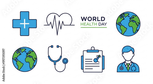 World health day icons set with medical symbols and globe illustrations for healthcare and wellness campaigns
