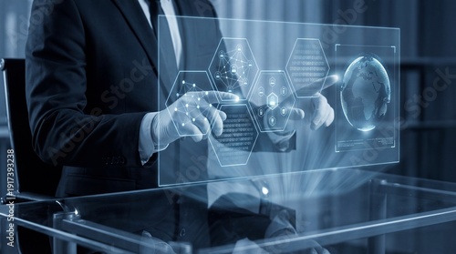 Futuristic Business Professional Interacting with Holographic Technology Interface.