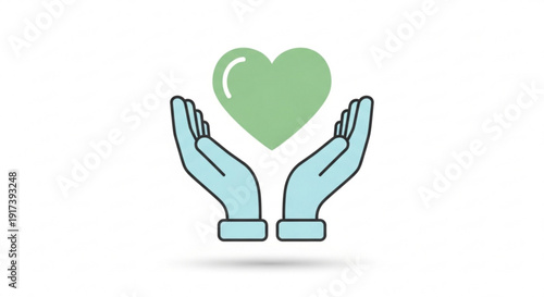 Pair of hands holding green heart symbol representing care compassion and support in simple flat design illustration