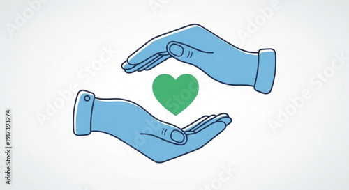 Pair of hands cradling green heart symbolizing care and compassion in simple illustration style