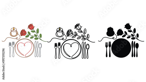 Romantic dinner setting with heart plate, roses, and cutlery