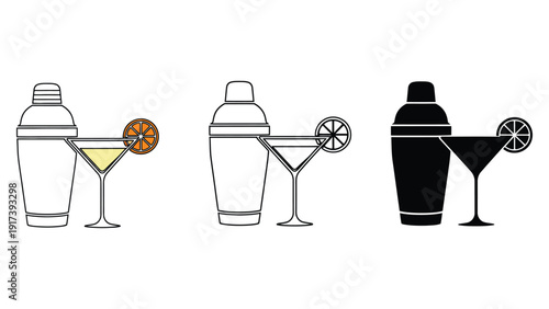 Stylish cocktail shaker and martini glass with citrus garnish, perfect for bar and celebration themes.