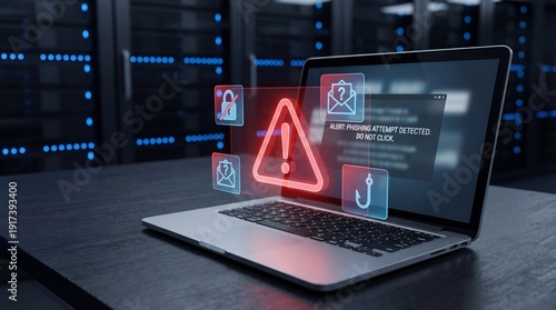 Laptop displaying a security alert with various cyber threat icons.