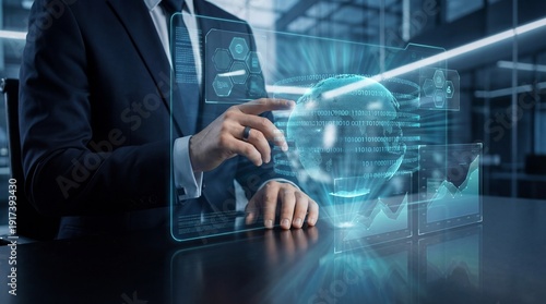 Businessman interacting with futuristic technology interface in a modern office.
