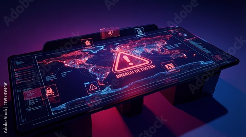 Global Threat Detection System Displaying Warning Sign on World Map.