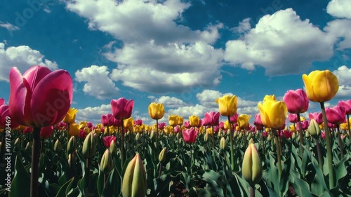 Vibrant pink and yellow tulips blooming under a cloudy blue sky.
