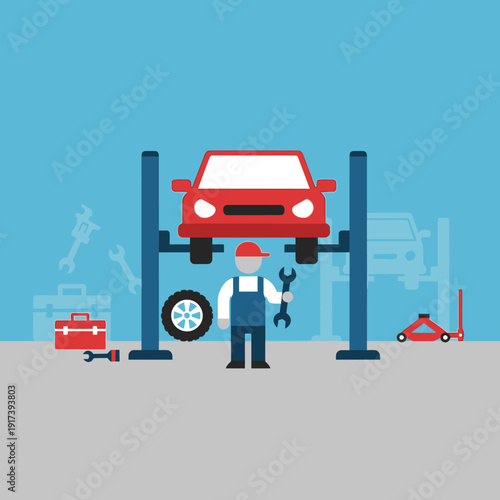 Car mechanic repairing vehicle on lift in auto service workshop with tools