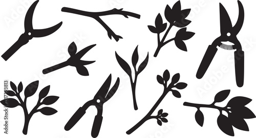 Gardening tools and plants in black silhouette style illustration