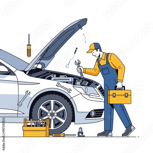 Car mechanic working on engine with tools and toolbox, auto repair service concept