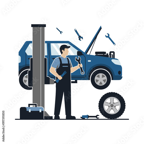 Car Mechanic Working on Vehicle Lift with Tools and Spare Tire