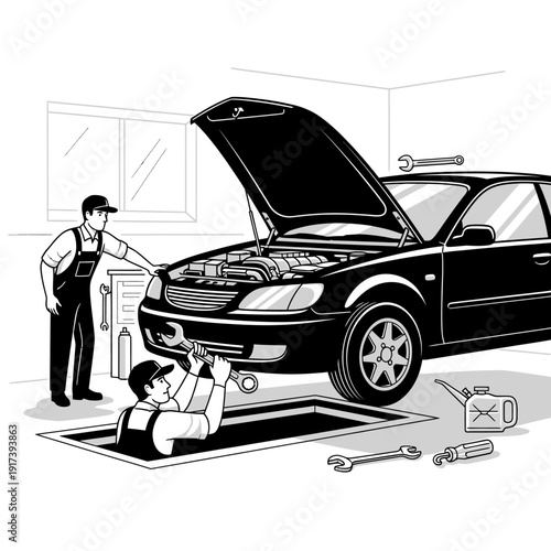 Car repair garage: mechanics working on a car with open hood and pit