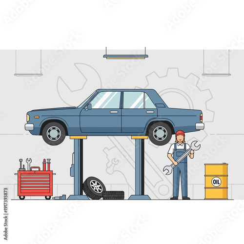 Car repair in garage: mechanic lifts sedan for maintenance, tools and oil drum nearby