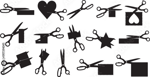 Scissors cutting various shapes and objects in black silhouette